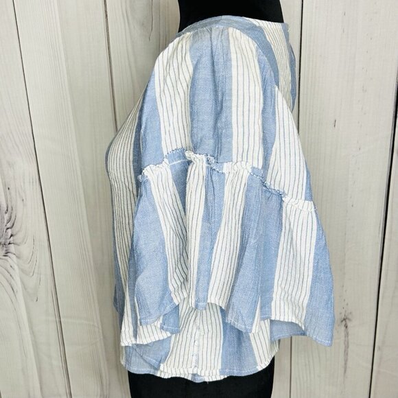 AMERICAN EAGLE Womens Sz S Blue White Striped Chambray Top Bell Sleeves Cropped - Picture 5 of 8